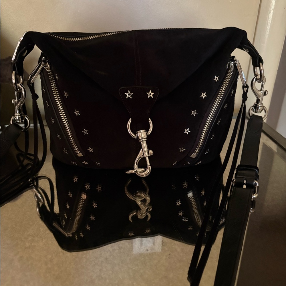 Rebecca Minkoff SMALL JULIAN CROSSBODY BAG WITH STAR STUDS Black Suede